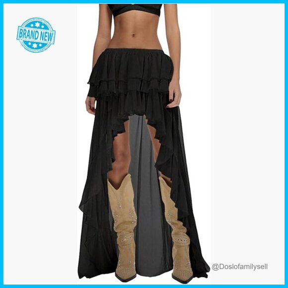Dresses & Skirts - Boho Layered Ruffle Chiffon Maxi Skirt Y2K Elastic Cowgirl Western Asymmetrical